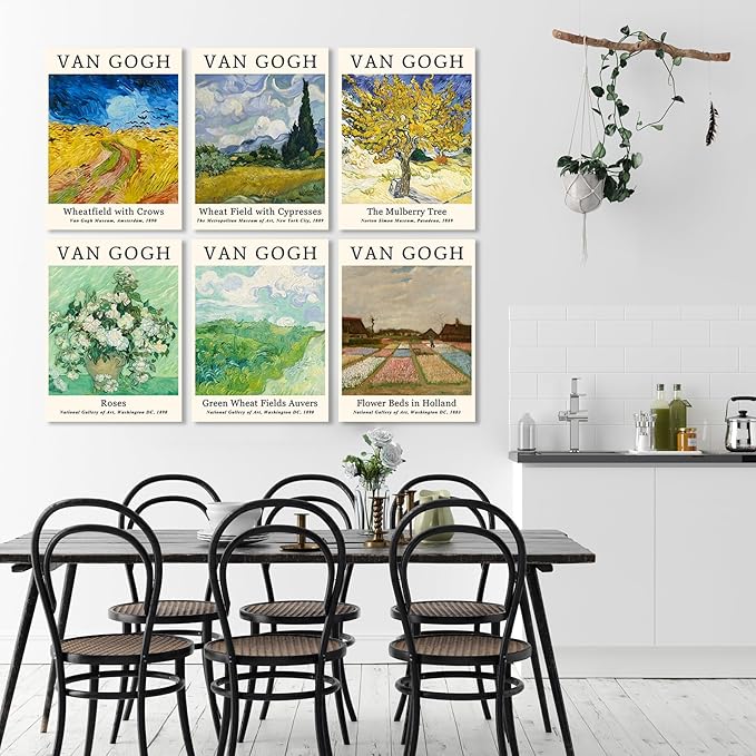 COSCTOR Set of 6 Vincent Van Gogh Wall Art Decor Canvas Vintage Retro Famous Artist Colorful Posters and Prints for Living Room Bathroom Bedroom Hallway Kitchen (Framed, 9x12)