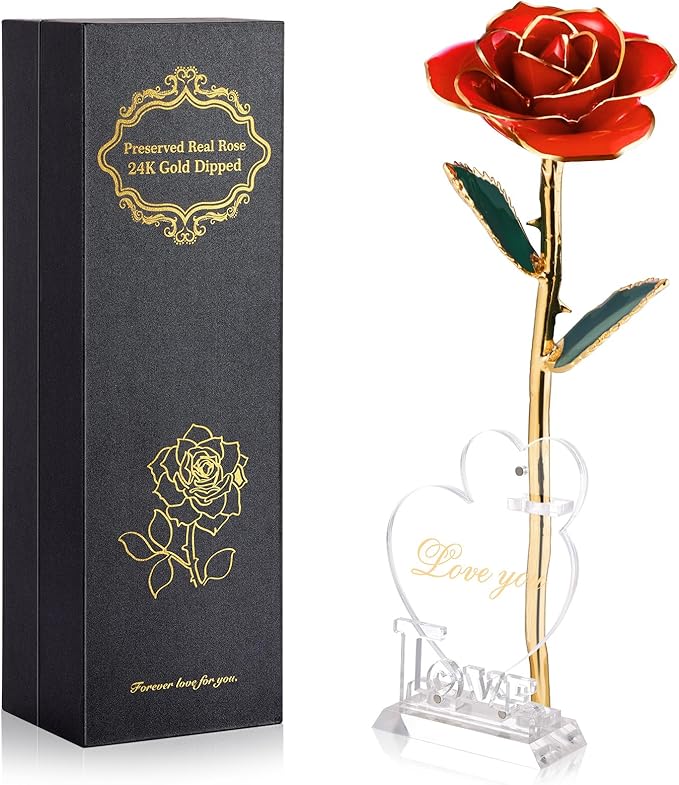 24K Gold Dipped Real Rose, Valentines Day Romantic Gift for Her, Eternal Preserved Red Forever Rose with Love Heart Stand, Anniversary Birthday Mothers Day Best Gift for Women Mom Wife Girlfriend