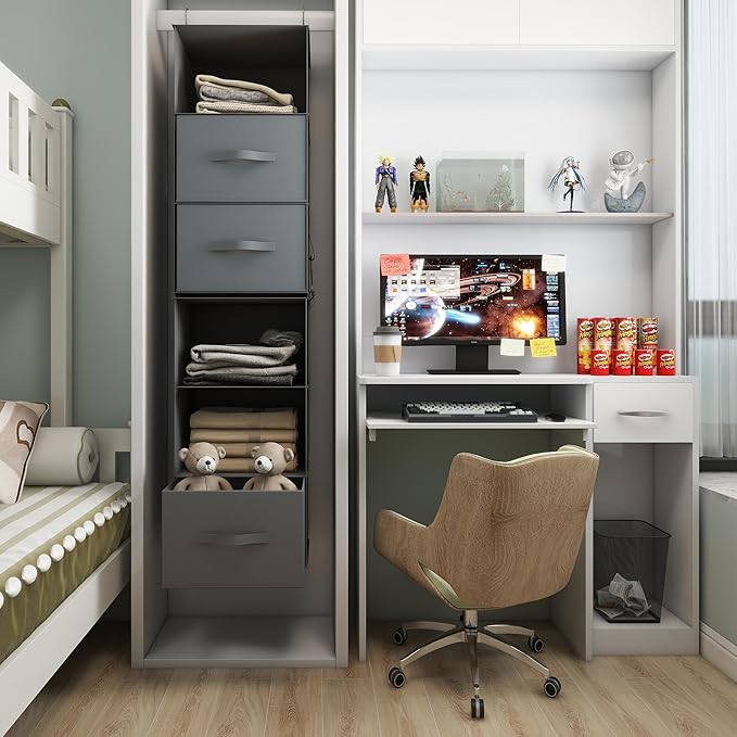 Twira 6-Shelf Hanging Closet Organizer, 2 Separable 3-Shelf Hanging Shelves, Hanging Storage with 3 Removable Drawers 4 Side Pockets, Storage Organizer for Closet, Nursery (Dark Grey)