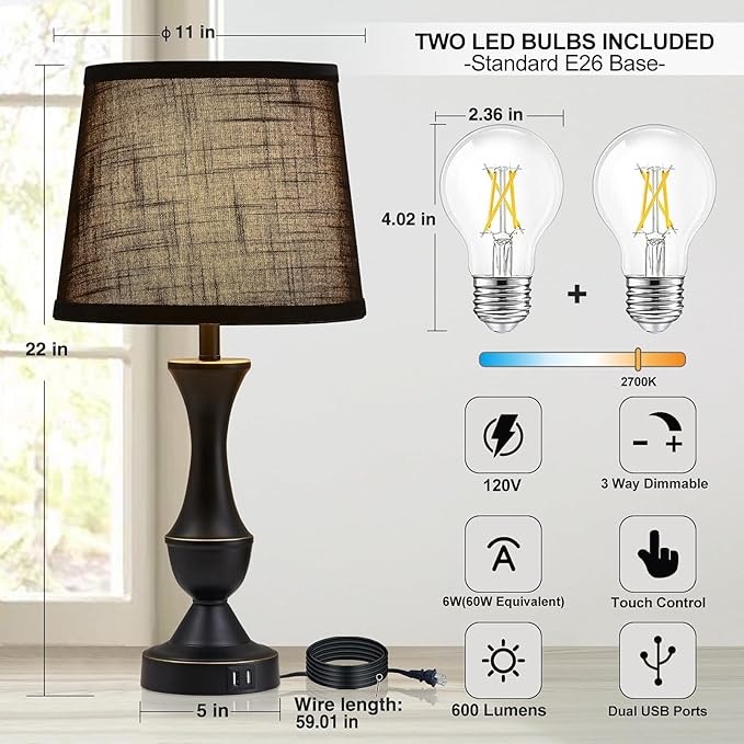 Luvkczc Black Touch Table Lamps Set of 2, 22" Tall Bedside Lamps with USB C+A Charging Ports, Nightstand Lamps for for Bedroom, Living Room, Office, with Black Lampshade, LED Bulb Included