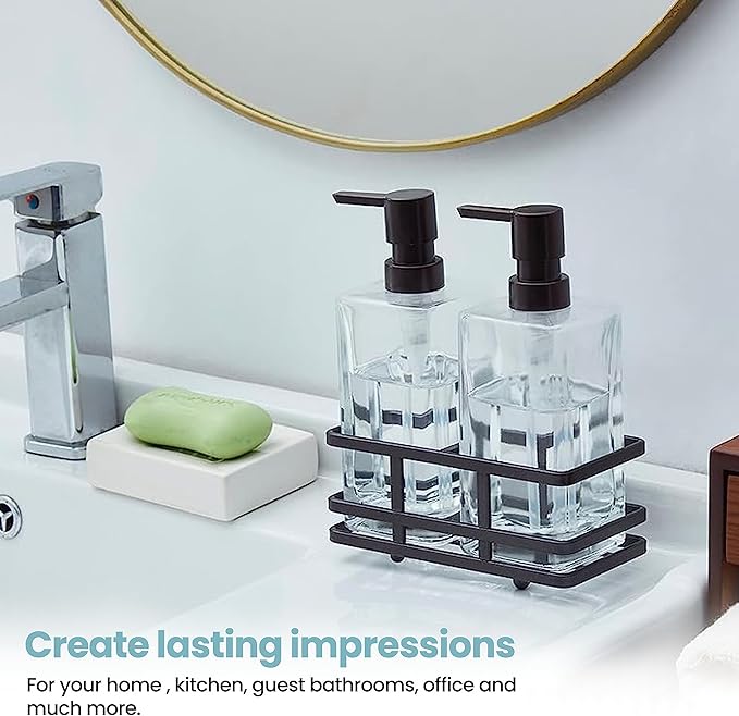 Square Glass Clear Lotion and Soap Pump Dispenser Set with Metal Stand Caddy for Bathroom Bath Kitchen Home Office Travel Hotel Hand Crafted Heavy Weight Oil Rubbed Bronze