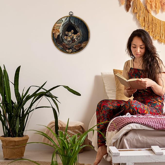 Mcehtle Fall Rat Wall Art Decor, Retro Cottagecore Autumn Mouse Maple Leaf Framed Canvas Prints 10x10, Rustic Country Animal Farmhouse Round Wall Hanging Artwork Decorations for Bedroom Living Room