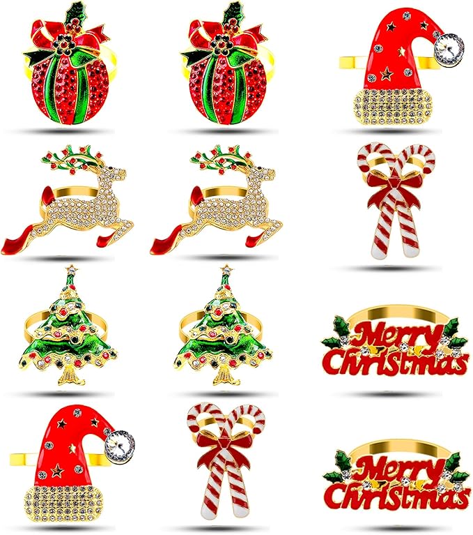 KPOSIYA Set of 12 Christmas Napkin Rings for Dinning Table Setting, Metal Xmas Napkin Ring Holders for Wedding Receptions, Winter, Thanksgiving Holiday Party Dinner Parties