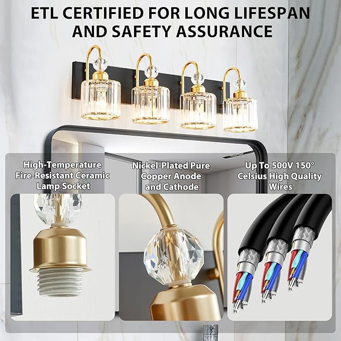 Bathroom Vanity Light Fixtures Over Mirror - Makeup Lighting Black Gold - for Modern Wall, Bath, Desk, Farmhouse, Hallway - 4 Crystal Lights