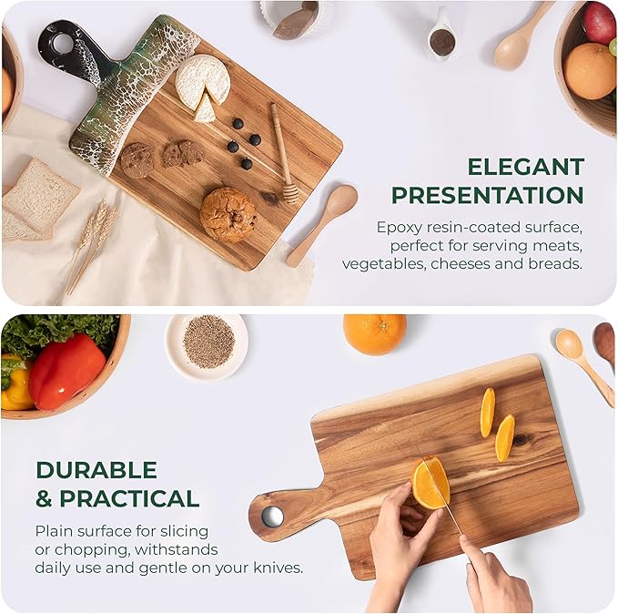 Acacia Wood Cutting Board with Ocean Resin Art, 14.9โx7.9โ, Includes Stand & Loofah, Handcrafted Charcuterie Cheese Board & Serving Platter, Great for Dรฉcor, Housewarming, Weddings (Rectangular)