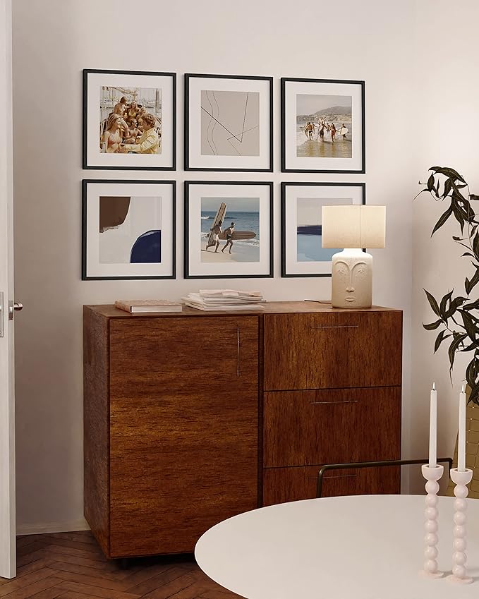 HAUS AND HUES Solid Oak Wood 16”x16” Picture Frames Matted to 12”x12” Set of 6-16x16 Square Picture Frames, Black Frames for Gallery Wall 16 x 16 Picture Frames, Black Square Frame Set