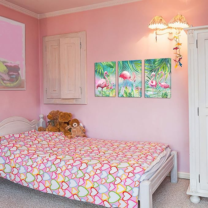 YUANAND Flamingo Wall Decor Animal Pictures - Palm Green Tropical Plant for Kids Girls Room Decor - Framed Posters Paintings Bedroom Decor