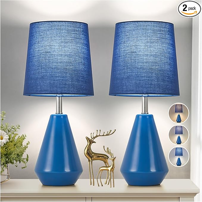 Small Bedside Table Lamp for Bedroom-Reading Desk Lamp Set of 2,with 3 Color Temperatures,15.5" Nightstand Ceramic Lamp with Fabric Shade for Kids Room,Living Room,Dorm,Home Office(Blue)