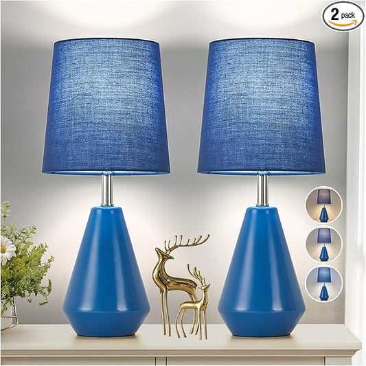Small Bedside Table Lamp for Bedroom-Reading Desk Lamp Set of 2,with 3 Color Temperatures,15.5" Nightstand Ceramic Lamp with Fabric Shade for Kids Room,Living Room,Dorm,Home Office(Blue)
