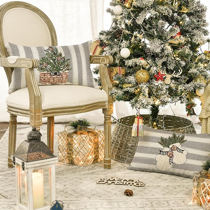 AVOIN colorlife Christmas Snowman Reindeer Gloves Eucalyptus Throw Pillow Covers, 12 x 20 Inch Winter Holiday Stripes Cushion Case Decoration for Sofa Couch Set of 4