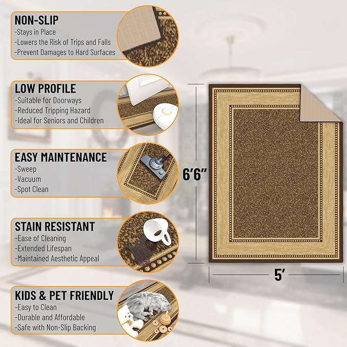 Ottomanson 5' x 6'6" Rugs for Living Room Border Area Rug for Bedroom - Non Slip Durable Large Floor Carpet for High Traffic Areas - Indoor Rug for Dining Room Kitchen Kids Playroom, Brown