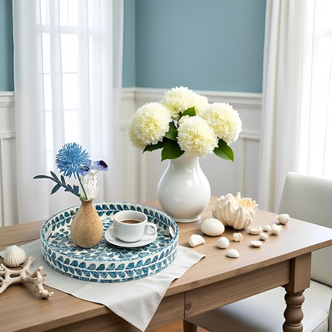 CLAYNIX Serving Tray 12.5 Inch, Lacquer Mother of Pearl Inlay Mosaic Tray, Round Wooden Marble Tray with Handles Trays for Tea, Breakfast (Leaf Style)