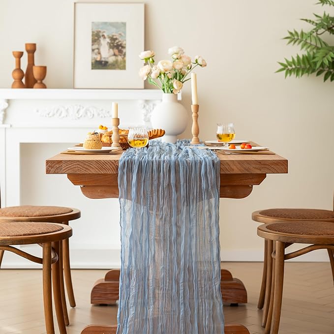 FEXIA 6 Pack Dusty Blue Table Runner 35x120 Inches Gauze Table Runner for Bridal Shower Wedding Party First Communion Centerpiece Engagement Boho Table Decoration (Dusty Blue)