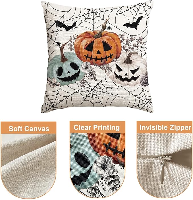 Baccessor Halloween Pillow Cover 18x18 Inch, Pumpkins Bats Spider Web Pillow Case Halloween Decor for Cushion Sofa Couch Indoor Outdoor Decoration 1 Piece