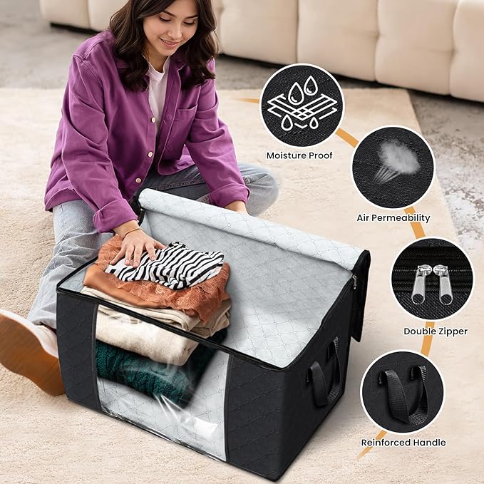 Fab totes 90L Clothes Storage, Foldable Thick Fabric Blanket Storage Bags, Containers for Organizing Bedroom, Closet, Clothing, Comforter, Organization with Handle (10 Pack,Black)