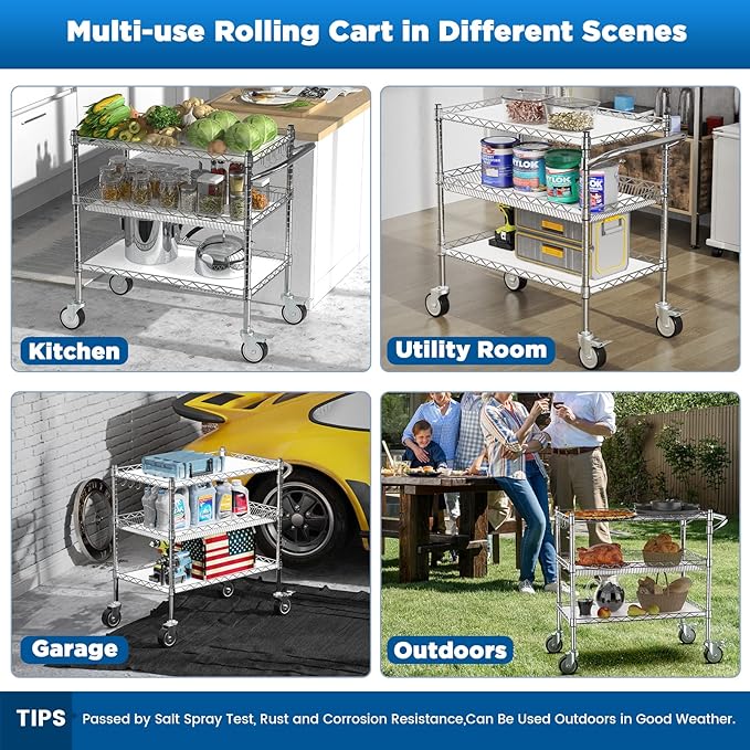 Leteuke Heavy Duty 3 Tier Rolling Utility Cart,NSF Certified 990Lbs Capacity Rolling Carts with Wheels,Commercial Grade Metal Cart with Handle Bar & Shelf Liner,Trolley Serving Cart for Kitchen,Chrome