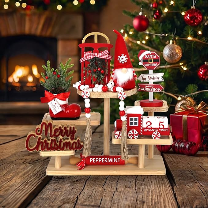 Christmas Tiered Tray Decor Set, 8 PCS Christmas Decorations for Home, Wooden Signs Farmhouse Table Centerpieces Winter Decorations for Shelf Mantel Fire Place Office Desk Kitchen Bedroom
