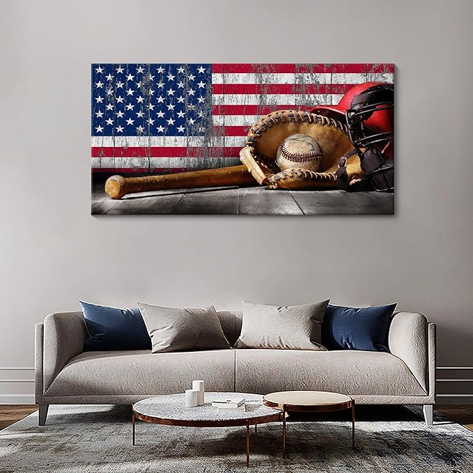 YDYSUNE Baseball Wall Art Vintage American Flag Canvas Prints Sports Pictures Paintings for Living Room Office Home Decorations Modern Artwork 24×48IN