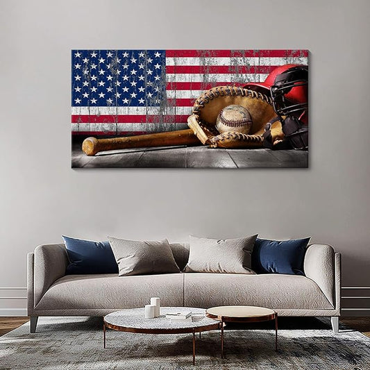 YDYSUNE Baseball Wall Art Vintage American Flag Canvas Prints Sports Pictures Paintings for Living Room Office Home Decorations Modern Artwork 24×48IN