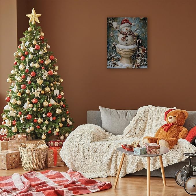 FITIE Funny Christmas Snowman Bathroom Canvas Wall Art Poster, Vintage Humor Holiday Winter Xmas Framed Artwork Prints Wall Decor for Bathroom Washroom Restroom Toilet, 11x14 Inch