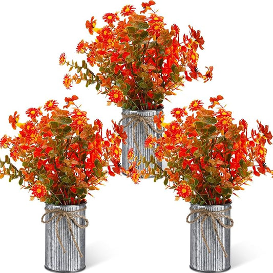 Zeyune 3 Sets Fall Thanksgiving Table Centerpiece Decoration Harvest Artificial Flower Stems Faux Fall Arrangement with Metal Pot for Autumn Rustic Farmhouse Home Kitchen Dining Indoor Decoration