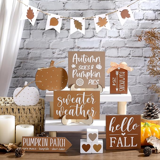 Sumind 15 Pcs Fall Tiered Tray Decor Set Fall Decorations for Home Autumn Wood Signs Thanksgiving Orange Brown Table Signs Farmhouse Wooden Maple Pumpkin Gnomes Tabletop for Festival(Leaf)