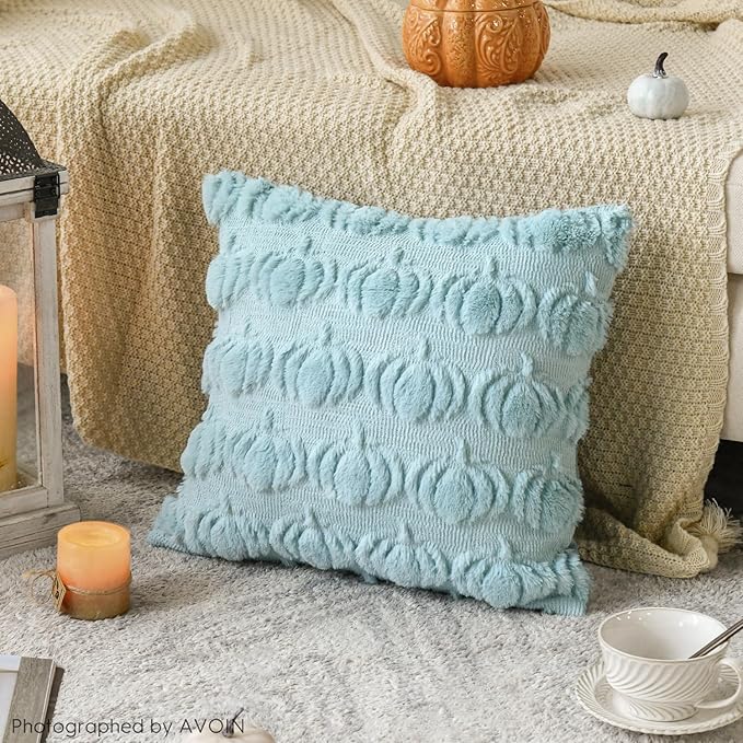 AVOIN colorlife Fall Pumpkin Blue Throw Pillow Covers, 18 x 18 Inch Seasonal Autumn Thanksgiving Harvest Decoration Soft Plush Faux Fur Jacquard Cushion Case Decoration for Sofa Couch Set of 2