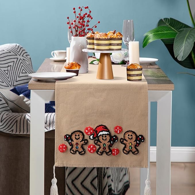 Breling Christmas Gingerbread Man Table Runner Jacquard Christmas Gingerbread Man Table Runner Winter Xmas Holiday Kitchen Dining Decoration for Home Winter Holiday Kitchen Decor 13x72 Inch (Brown)