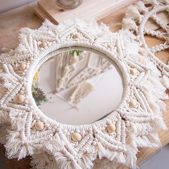 Boho Wall Decor Mirror Macrame Circle Hanging Mirror for Bedroom Living Room Apartment Entryway Home Decor