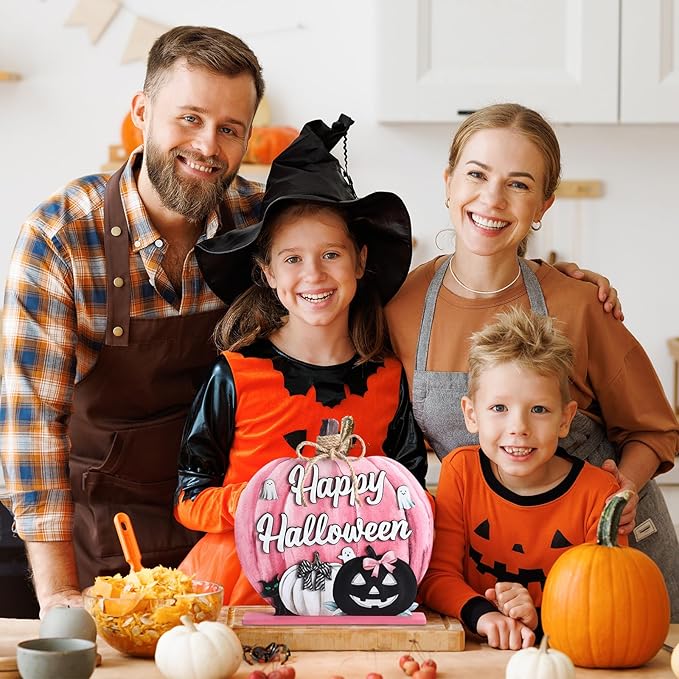 Soaoo Halloween Decoration Wooden Pink Pumpkin Sign Scary Pumpkin Table Decor 11 Inch Wooden Happy Halloween Desktop Ornament for Farmhouse Home Living Room Holiday Decor(Wash Pink, Scary)