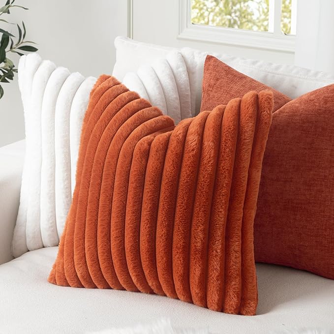 MIULEE Fall Faux Fur Decorative Throw Pillow Covers 18x18 Inch Set of 2, Retro Vintage Boho Home Decor Soft Plush Couch Pillows Cozy Fluffy Cushion Covers for Sofa Bed Burnt Orange