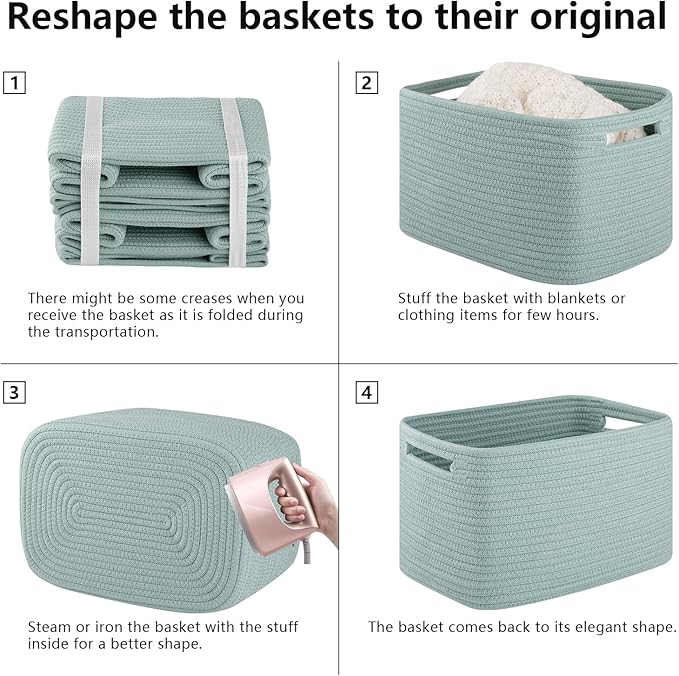 4 Pack Storage Baskets for Organizing Toys, Towels, and Clothes, Woven Basket for Shelves, Sturdy Nursery Cube Bins for Storage, 13''L x9''W x7.8''H, Frosty Green