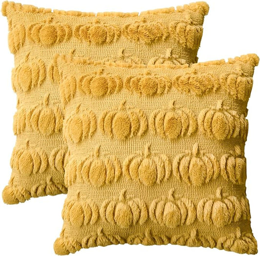 AVOIN colorlife Fall Pumpkin Ginger Throw Pillow Covers, 20 x 20 Inch Seasonal Autumn Thanksgiving Harvest Decoration Soft Plush Faux Fur Jacquard Cushion Case Decoration for Sofa Couch Set of 2
