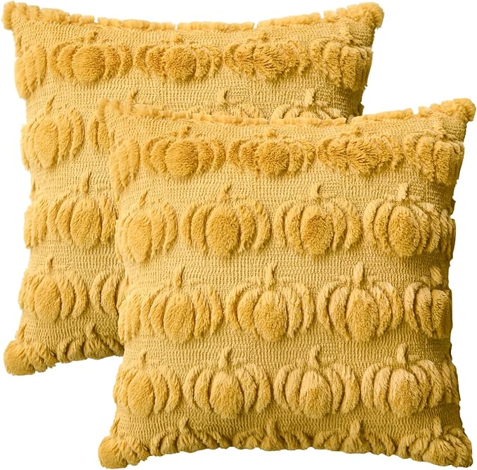 AVOIN colorlife Fall Pumpkin Ginger Throw Pillow Covers, 18 x 18 Inch Seasonal Autumn Thanksgiving Harvest Decoration Soft Plush Faux Fur Jacquard Cushion Case Decoration for Sofa Couch Set of 2