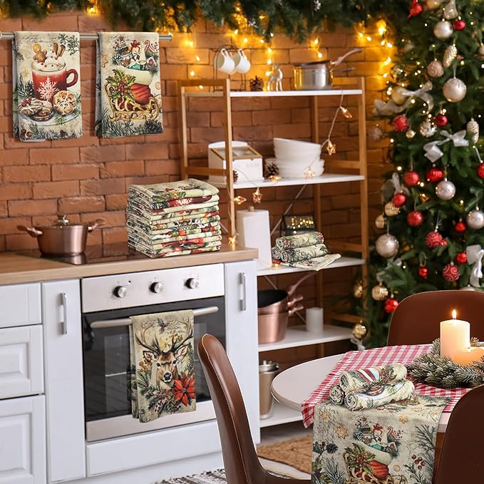 12 Pcs Christmas Kitchen Towels and Dishcloths Absorbent Christmas Tree Reindeer Truck Hand Dish Towels Decoration for Xmas Home Gift Supplies, 14.2 x 21.3 Inch(Retro Style)