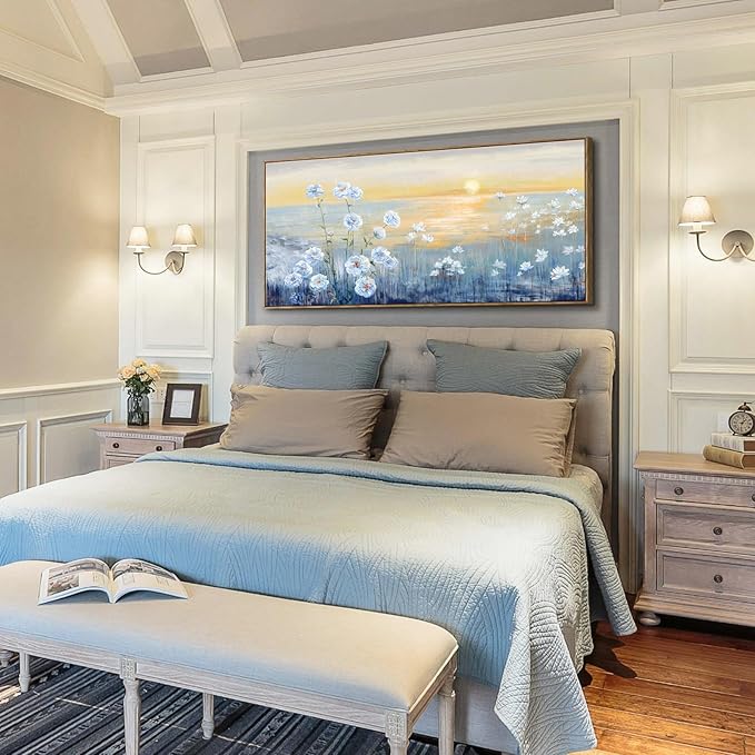 Blue Ocean Sunset Framed Wall Art Abstract Coastal Wild Flowers Beach Picture Sunrise With Yellow Orange Sky Natural Seascape Canvas Print White Wildflowers Sea Landscape Seaside Artwork 30x60inch