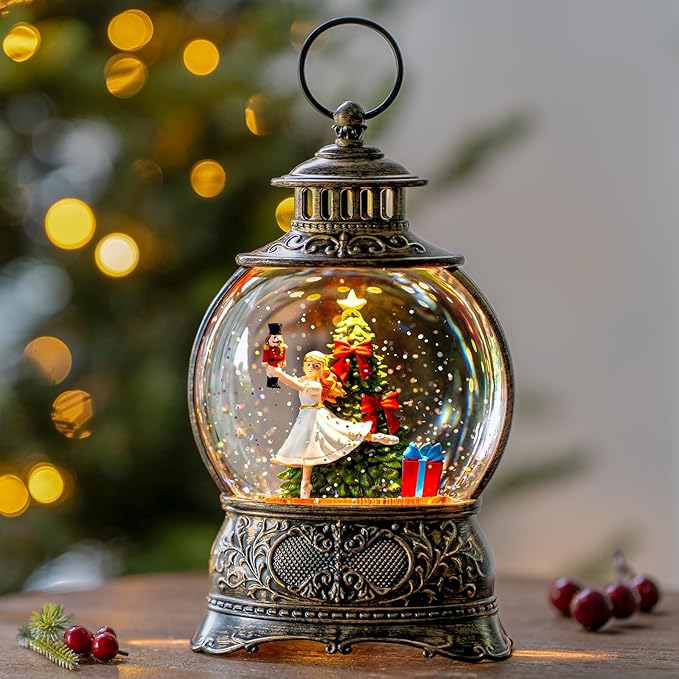 Christmas Snow Globe Lantern โ Clara & Prince LED Music Water Globe, Swirling Glitter, Auto Timer โ Vintage Lighted Tabletop Decor & Gift