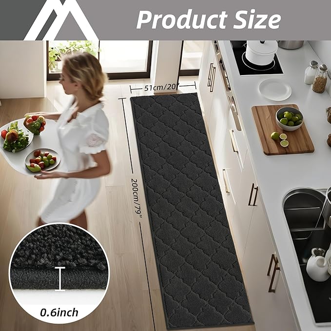 COSY HOMEER Soft Kitchen Floor Mats for in Front of Sink Super Absorbent Kitchen Rugs and Mats 20"x79" Non-Skid Kitchen Mat Standing Mat Washable,Polyester,Black
