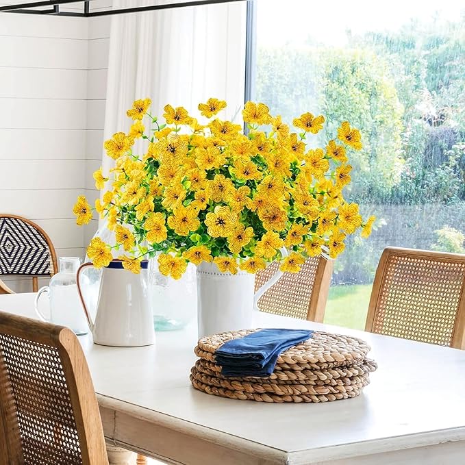 Agusbagli 24 Bundles Artificial Flowers Outdoor UV Resistant Fake Flowers No Fade Faux Plastic Greenery Shrub Plants for Wedding Home Garden Window Box Fireplace Thanksgiving Christmas Decor, Yellow