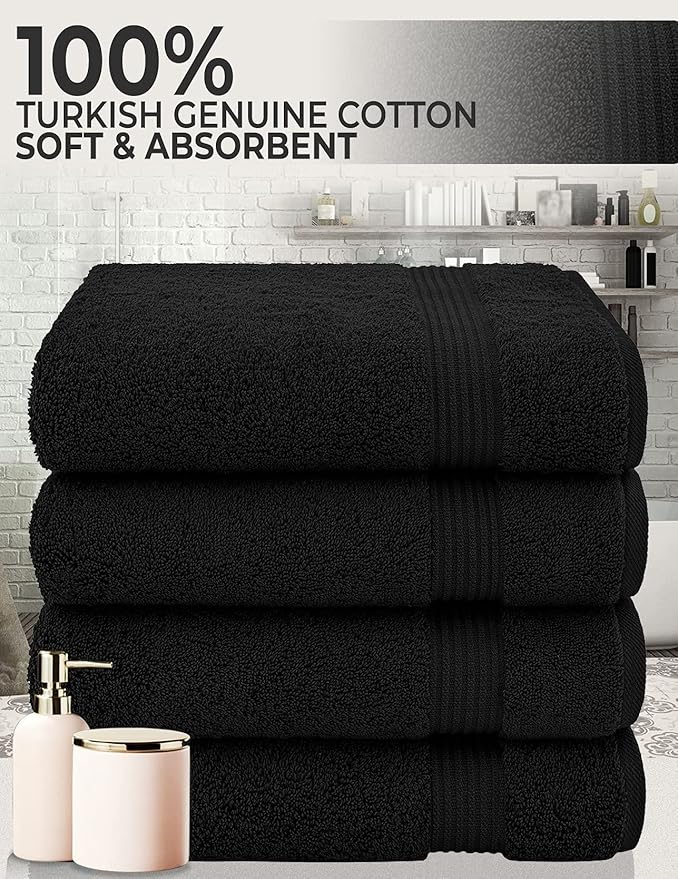 Cotton Paradise 4 Piece Turkish Bath Towels for Bathroom, 100% Cotton Extra Large Soft Plush Towels Bathroom Set, Black