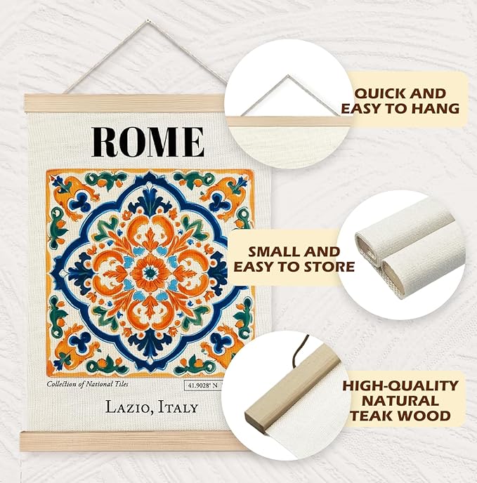 Yomisex Rome Lazio Italy Tile Wall Art Poster, Traditional Roman Tiles Exquisite Porcelain Aesthetic Canvas Prints Wall Art Framed for Home Bedroom Living Room Decor, 12x16 Inch