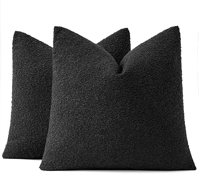 MIULEE 24x24 Decorative Euro Sham Throw Pillows for Bed Set of 2 Textured Boucle Neutral Throw Pillow Coverss Halloween Black Accent Solid Couch Pillowcase Cozy Soft Sofa Livingroom Home Decor