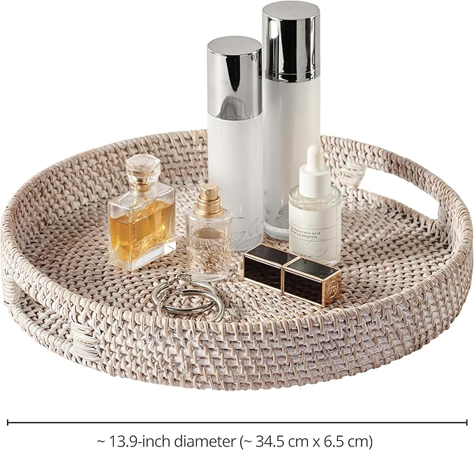 JUNGLE CULTURE Large Rattan Serving Tray 14" in Whitewash • Round Table Basket • Wicker Ottoman Trays with Handles for Coffee Table, Bed Side or Couch • Flat Circle Woven Tray • Boho Farmhouse Decor