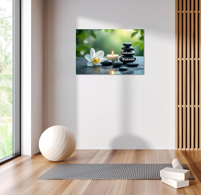 YIOZHAOFH Louts Wall Art Yoga Room Painting Zen Office Decor Women Spa Picture Calming Relax Canvas Prints Inhale Exhale Artwork Framed for Living Room Ready to Hang (16L x 24W)
