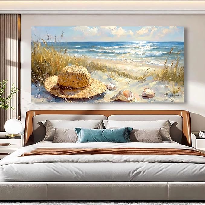 Beach Straw Hat Picture Printed Canvas Wall Art for Living Room, Office, Bedroom Wall Decor, Sea Landscape Wall Art Prints Modern Blue Yellow Landscape Artwork Waterproof Ready to Hang - 20x40 inches