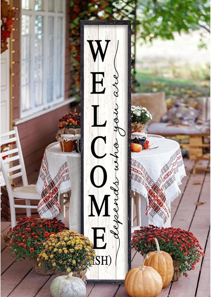 Welcome-ish Sign for Front Porch Standing 45"X9" Large Farmhouse Outdoor Wood Framed Home Vertical Tall Funny Large Welcome Signs For Rustic Modern Outside Front Door Wall Decor (Black)