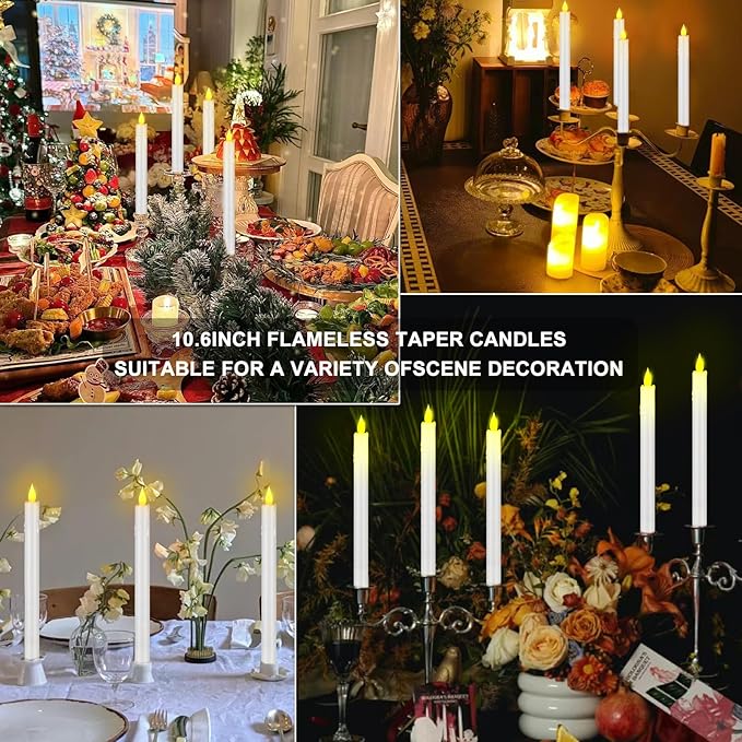 Flameless Taper Candles 10.6" Dripless Battery Operated Taper Candles Included Remote Timer 400+ Hours by 2AA Batteries for Halloween Christmas Wedding (White, 12 Pack)