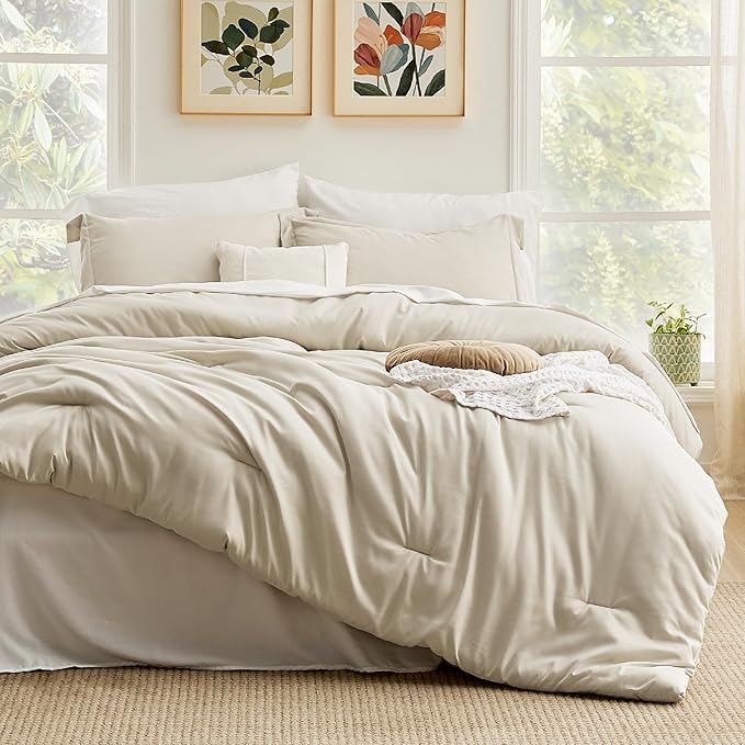 Bedsure Full Size Comforter Set - 7 Pieces Beige Full Bedding Set for All Seasons, Boho Contrasting Design Bed in a Bag with Comforter, Sheets, Pillowcases & Shams
