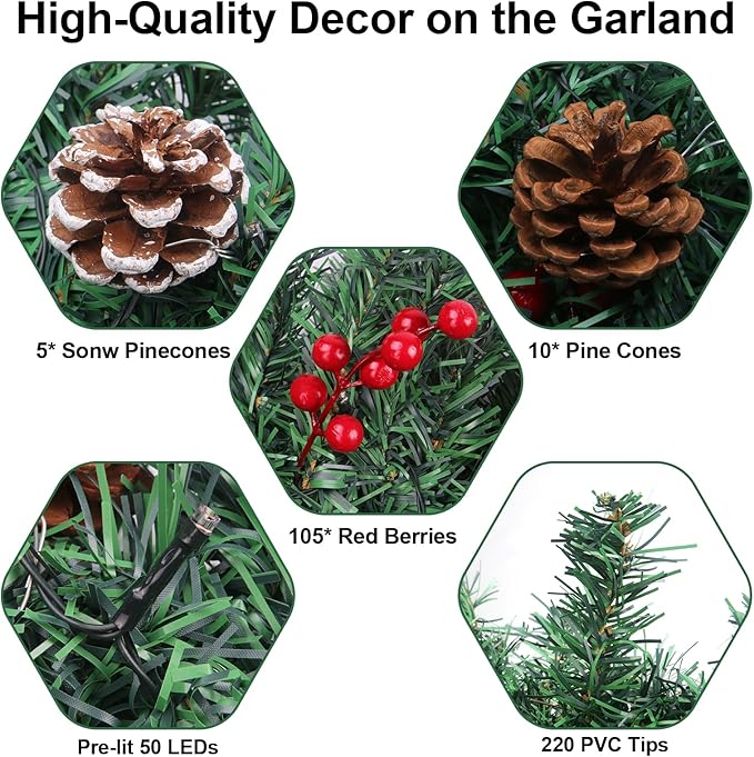 10Ft Christmas Garland with 50 LED Lights - 2 Pack Pre-lit Outdoor Xmas Garland with Timer - Pine Garland with Red Berries Snow Pine Cones - 10 Foot by 10 Inch