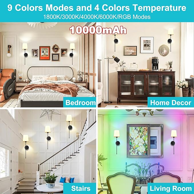 10000mAh Battery Operated Wall Sconces Set of Two, 28 Inches Long Wireless Sconces Set of 2 Wall Light with RGB Rechargeable Magnetic Bulb, Sconces Wall Decor Set of 2 for Bedroom Living Room, Black